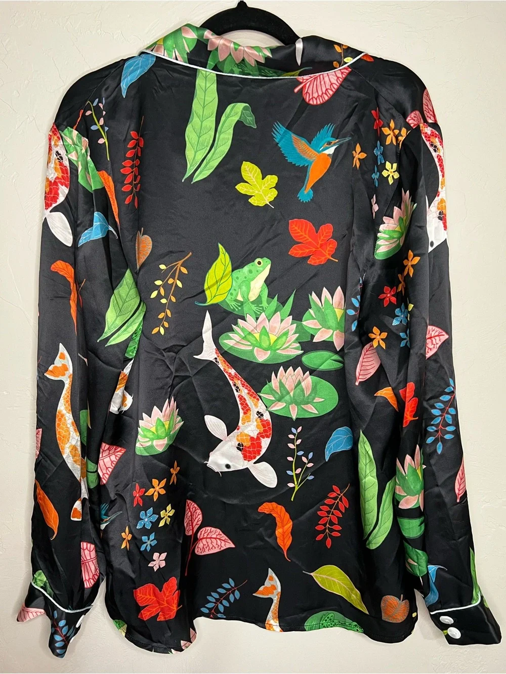 Karen Mabon 100% Silk Black Botanical Koi Fish Bird Luxury 2 Piece Pajama Set